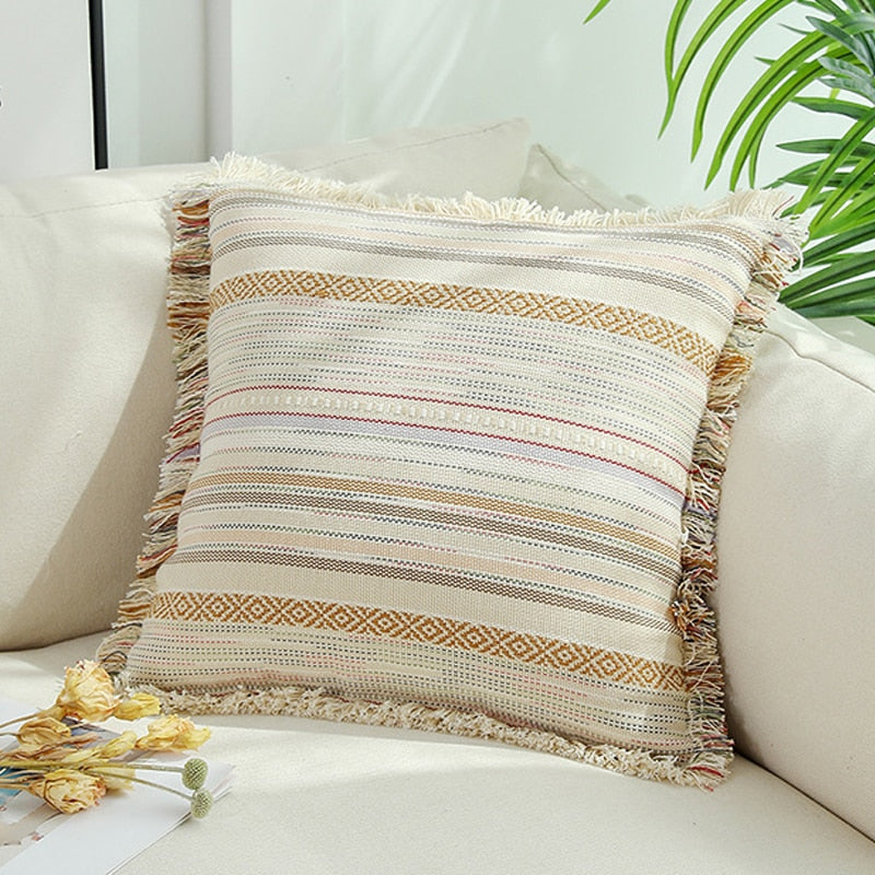 Home Decor Cushion Cover Black Stripe Pillow Cover Jacquard 45x45cm Tassels Fringed  For Living Room Bed Room Sofa Bed Chair