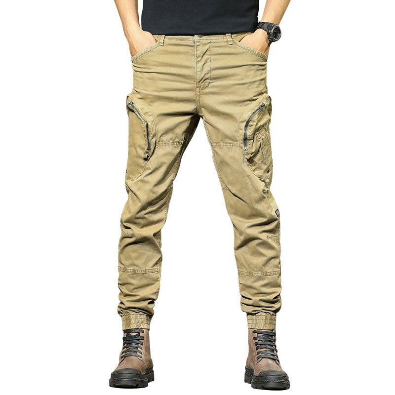 Men Cargo Pants Cotton Zipper Pocket Little Feet Overalls Army Military Style Breathable Casual Motion Outdoor On Foot Trousers