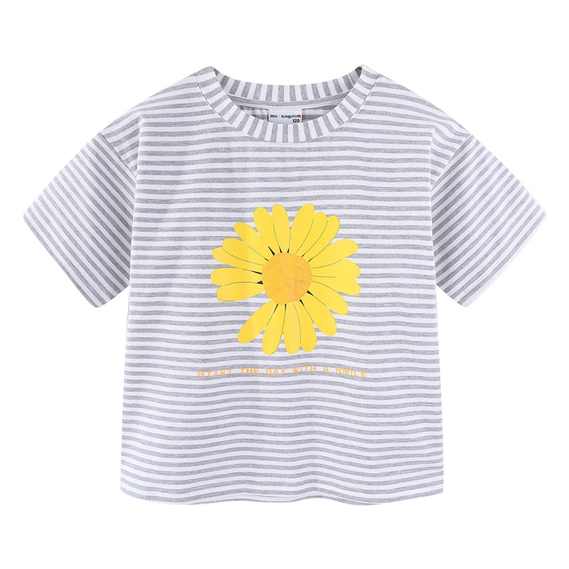 Girls Clothes Daisy Flower Striped Drop Shoulder T-shirts for Girls Clothing Short Sleeve Tops Kids T-Shirt Summer