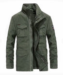 Cotton Denim Jackets Men Long Stand Collar Multi-pocket Casual Coat Military Men's Windbreakers Jacket