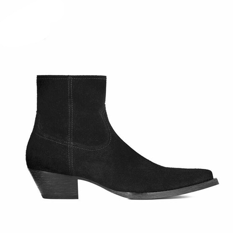 Pointed Toe 5cm wedge heel Man slip Tight suede leather zipper ankle Boots  high quality men denim Boots