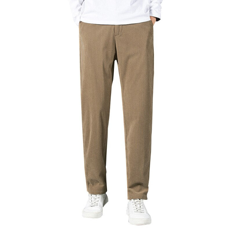 Autumn Casual Men Corduroy Pants Khaki Straight Loose Solid Waffle Trousers