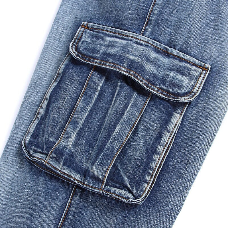 Jeans Men Denim Pants Big Pocket Straight Baggy Casual Streetwear Blue Wide Leg Trousers