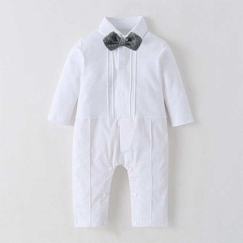 Long Sleeve White Baby Baptism Dress for Boys Romper with Double Breasted Coat Solid Newborn Children Set
