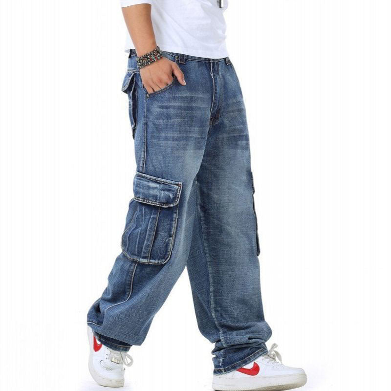 Jeans Men Denim Pants Big Pocket Straight Baggy Casual Streetwear Blue Wide Leg Trousers