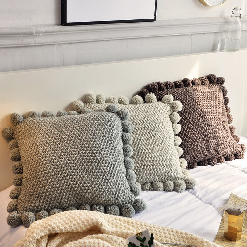 Knitted Cushion Cover Solid Gray Coffee Solid Nordic Style Pillow Case With Balls 45*45cm Soft For Sofa Bed Room Home Decorative