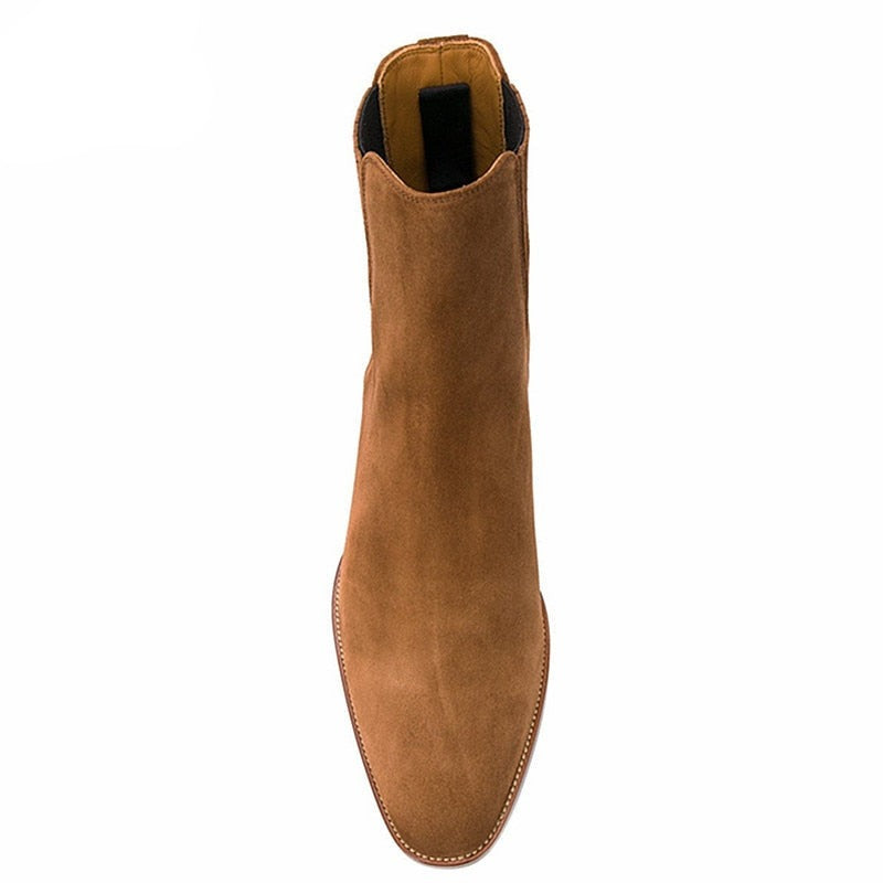 Handmade wedge pointed toe business High end casual Chelsea Boots suede brown Man Designer leather