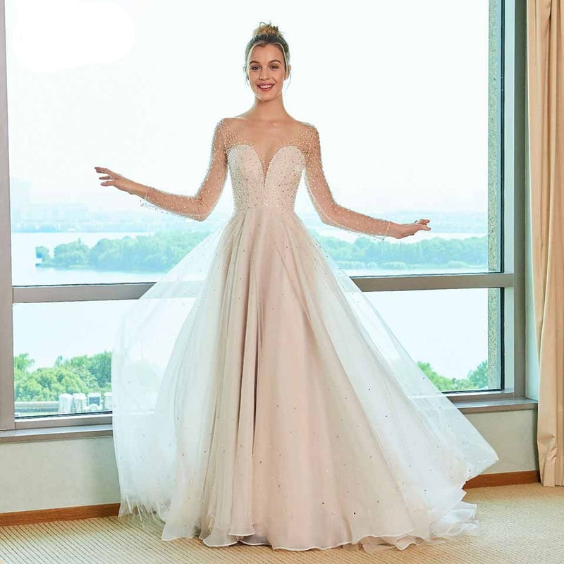 scoop neck wedding dress a line long sleeves appliques sequins lace floor length bridal outdoor church wedding dresses