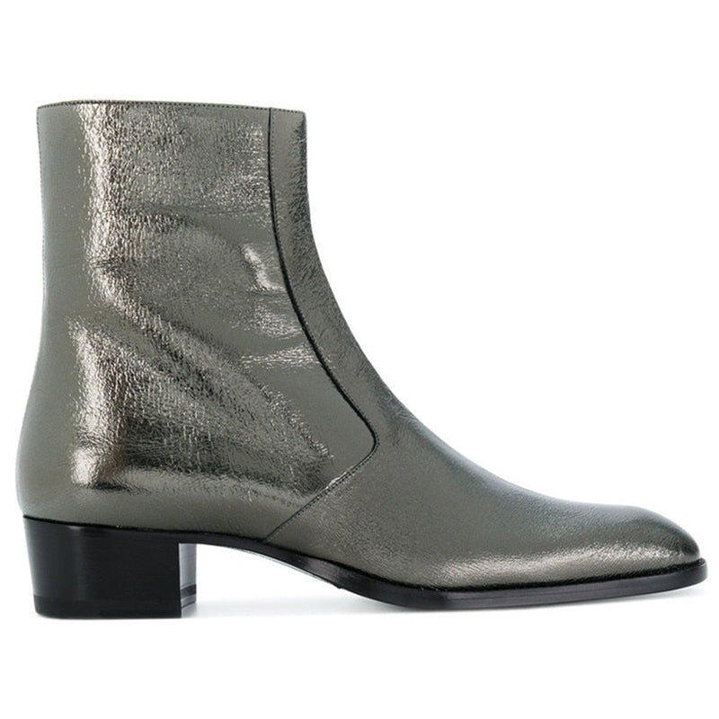 Genuine Leather Sliver Sexy Ankle Boots Wedge high heels Boots pointed toe Men