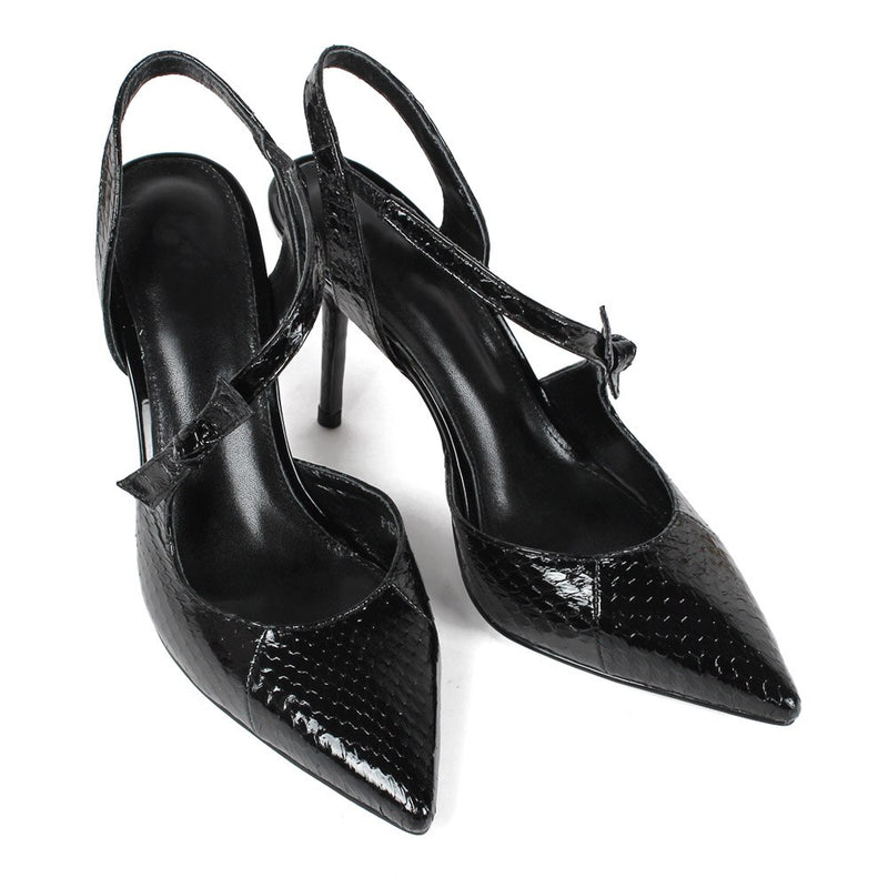 Summer New Women High Heel Sandals Pointed Toe Snakeskin Black Shoes Ladies Wedding Party Handmade