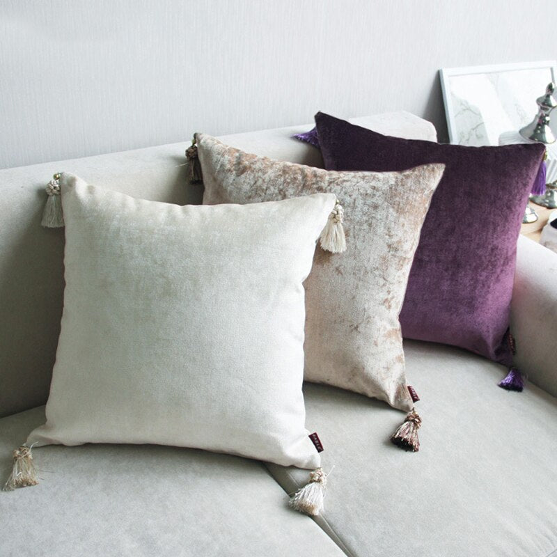 European Style Tassels Cushion Cover Ivory Purple Red Blue Tan Home Decorative Solid Pillow Cover 45x45cm/60x60cm