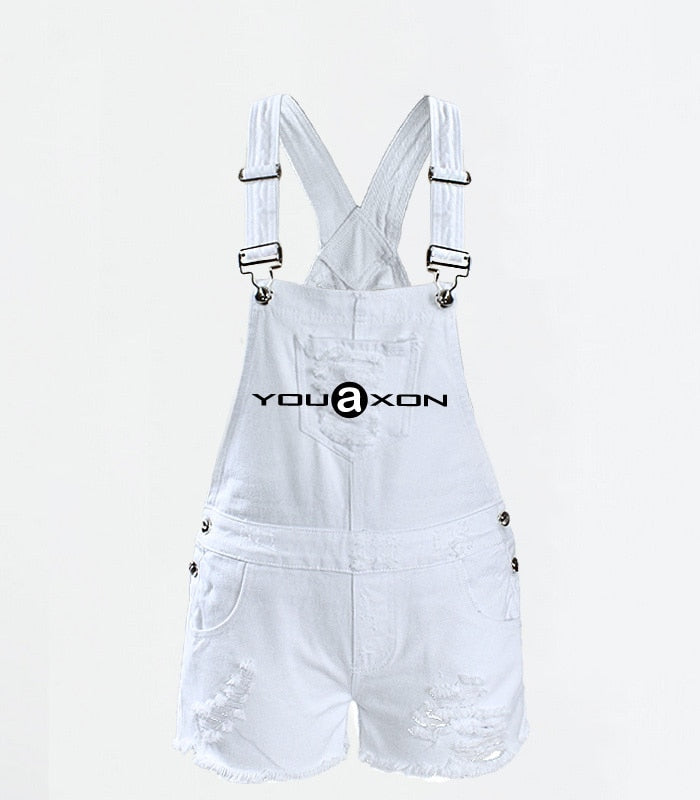 Women`s Ripped Denim Shorts Overall Jeans For Woman (White)