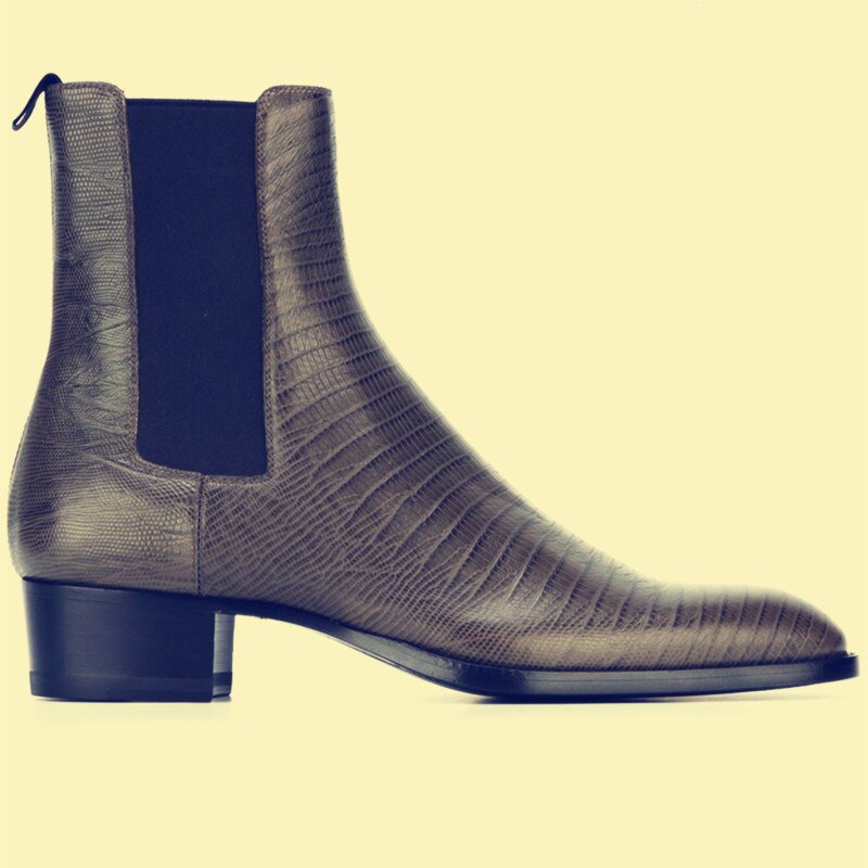 Handmade High Top Lizard Pattern Genuine Leather Personalized Men Boots Wedge Luxury Slim Denim Chelsea Boots