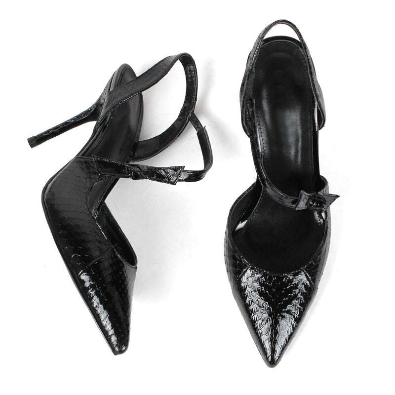 Summer New Women High Heel Sandals Pointed Toe Snakeskin Black Shoes Ladies Wedding Party Handmade