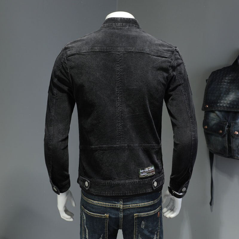 Corduroy Jeans Jacket Men Denim Coat Bomber Motorcycle Stand Collar Long Sleeve Slim Street Black Cowboy Outwear Clothing