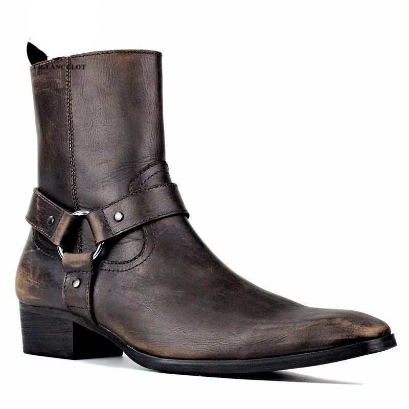 Luxury new designer Pointed Toe Buckle Strap retro Leather Men Boots