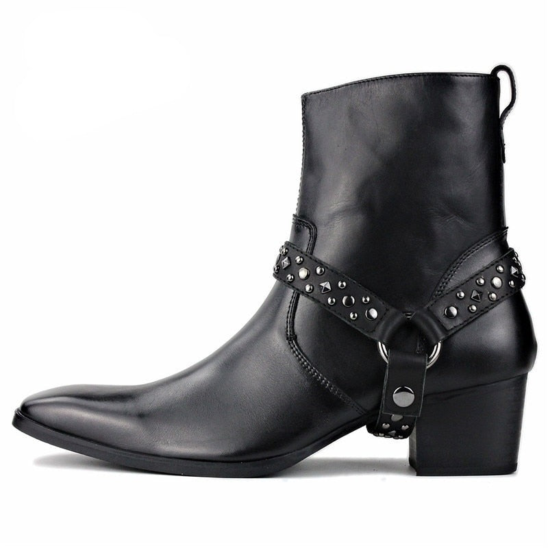 Buckle Strap Genuine Leather high heel Boot Men Leather Chukka Designer Boots