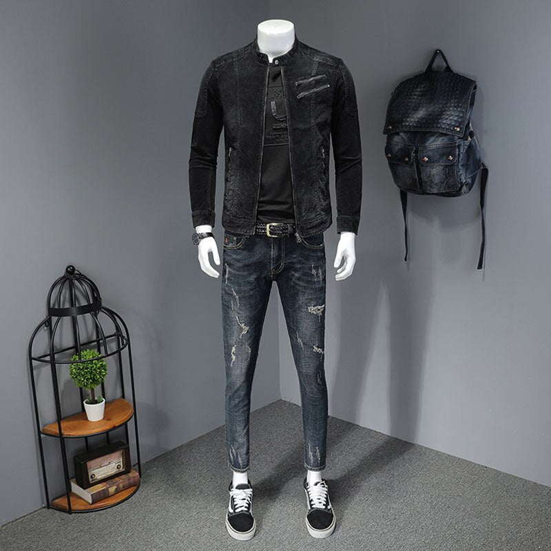 Corduroy Jeans Jacket Men Denim Coat Bomber Motorcycle Stand Collar Long Sleeve Slim Street Black Cowboy Outwear Clothing