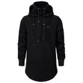 Men Slim Long section High collar Hooded Sweatshirt Man Extend Curved hem Solid black Cotton Casual Pullover Hoodies