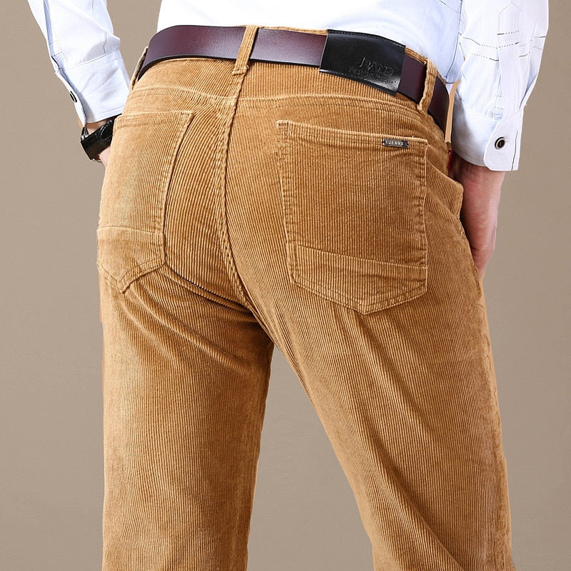 Men Classic Fit Flat Front Pant Casual Mid-Rise Corduroy Trousers Men Black Khaki Brown Summer