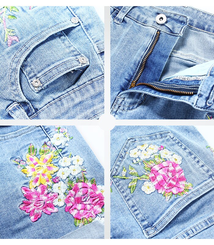 Summer Embroidery Floral Shorts Women`s Stretchy Denim Shorts For Women