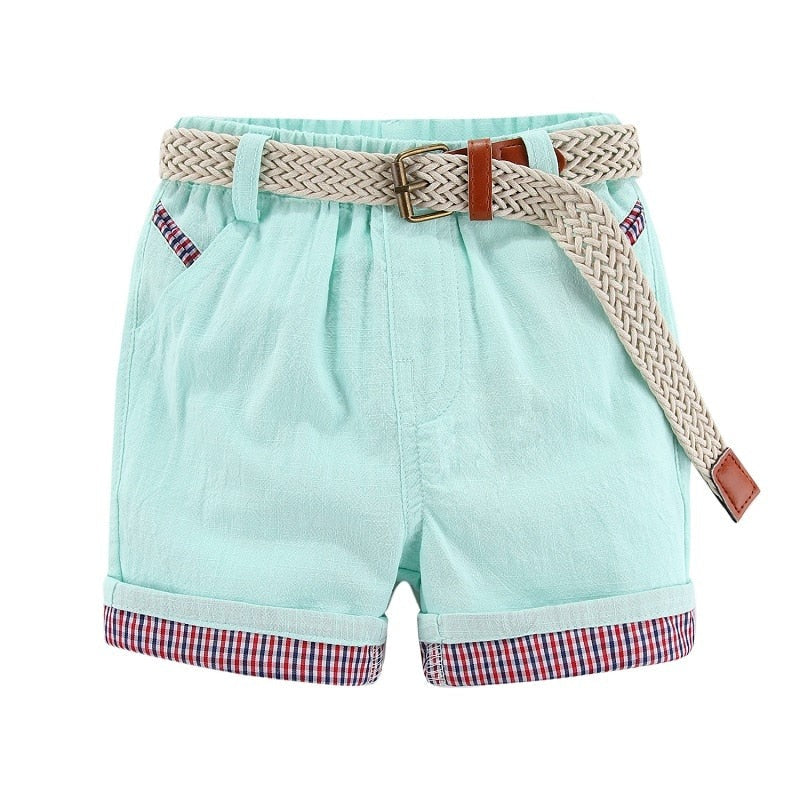 Summer Boys Shorts with Belt Plaid Elastic Waist Casual Cotton Solid Short Pants for Kids Clothes