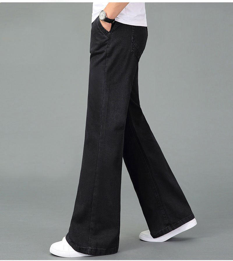 Retro Men Flare Jeans Pants Bell Bottom Blue Black Loose Classic Casual Comfortable Boot Cut Denim Trousers