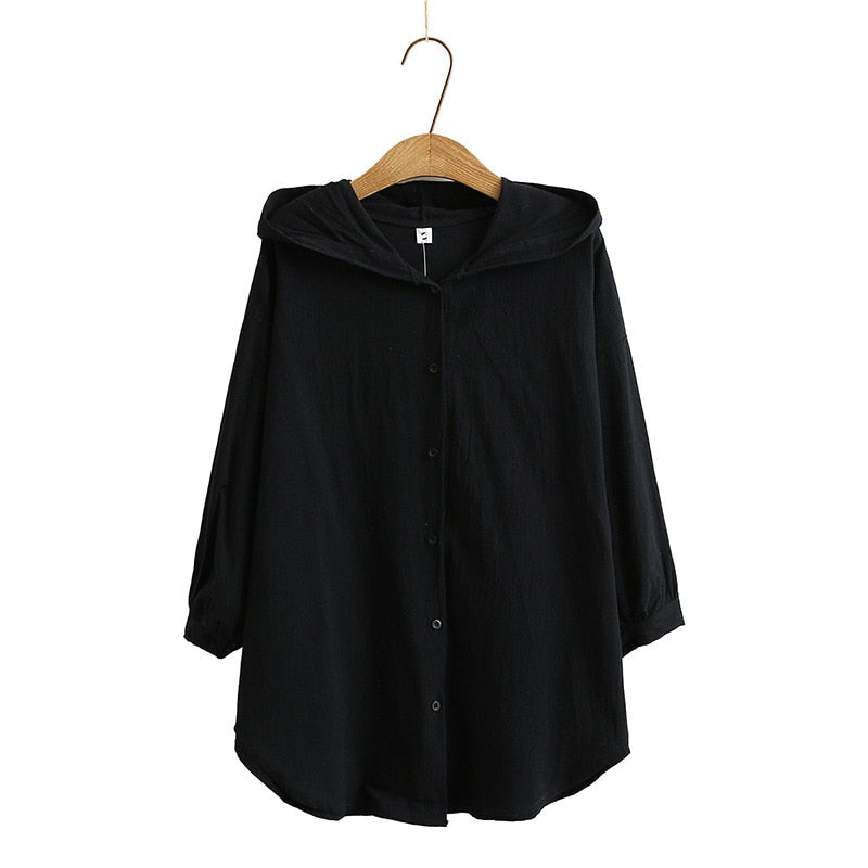 Spring Autumn Women Shirt Casual Clothes Female Tops Cotton And Linen Half Sleeve Hooded