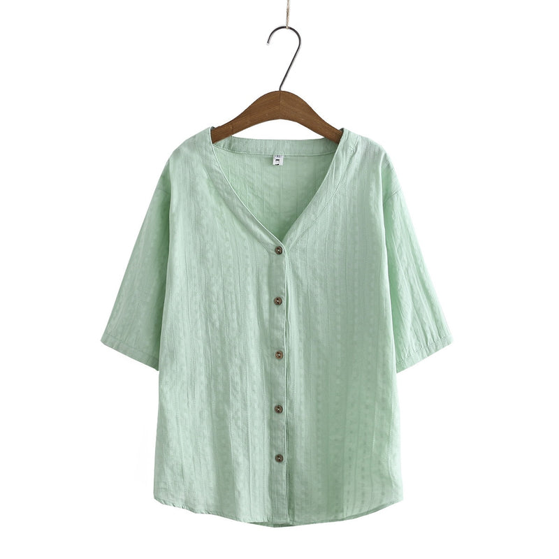Summer Women Shirt Tops Female Clothes Jacquard V Neck Half Sleeve Blouses Casual