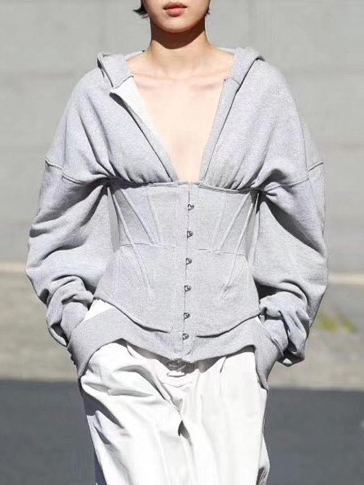 Women Temperament Strapless Slim Long Sleeve Hoodie Solid Design Female Coat Spring