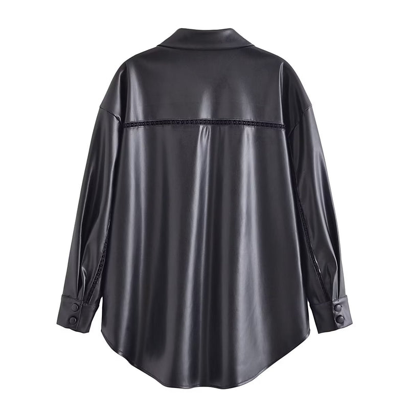England Lace Splicing Black Leather Shirt Casual Blouse Women
