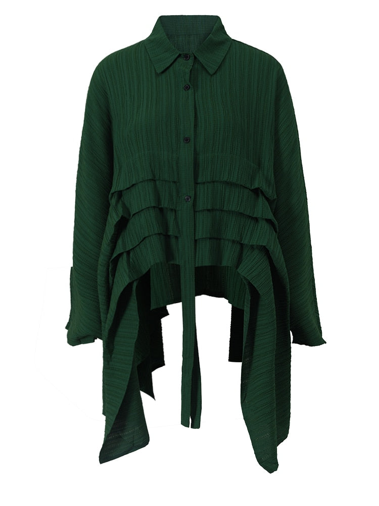 Women Green Irregular Pleated Lapel Long Sleeve Loose Fit Shirt  Spring Autumn