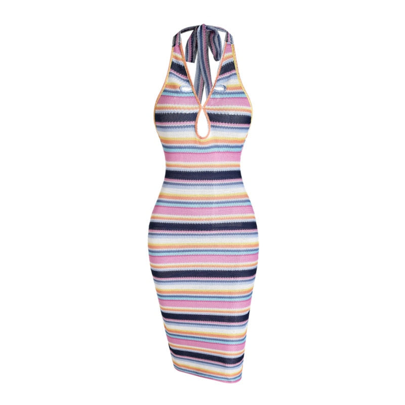 Stripes Halter Keyhole Cutout Knit Dress
