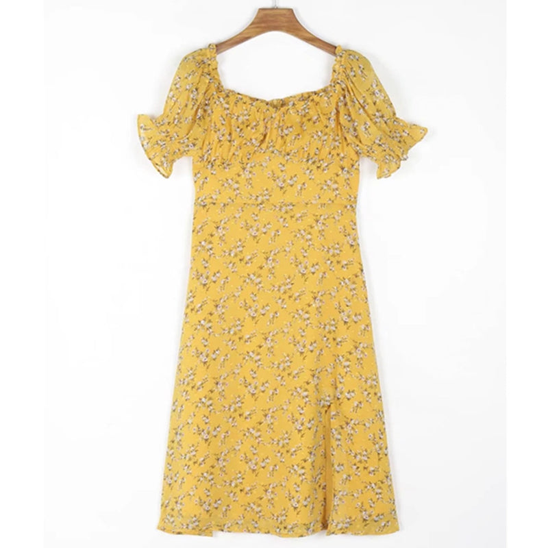 Summer Elegant Yellow Floral Dress Women French Vintage Chiffon Jacquard Weave Sexy Dress