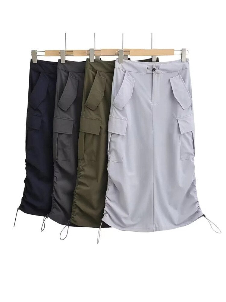 Womens Drawstring Patchwork Pockets Cargo Fashion High Waist Solid Split Loose Casual Skirts Spring