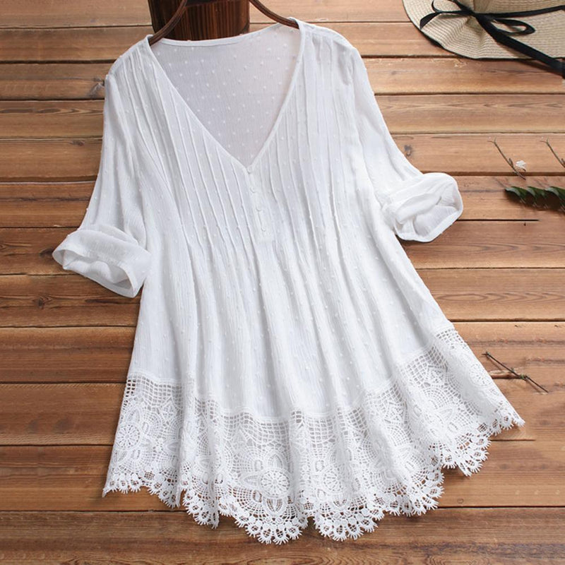 Women Top Solid Thin Casual Lace Hollow Out V Neck Summer Blouse