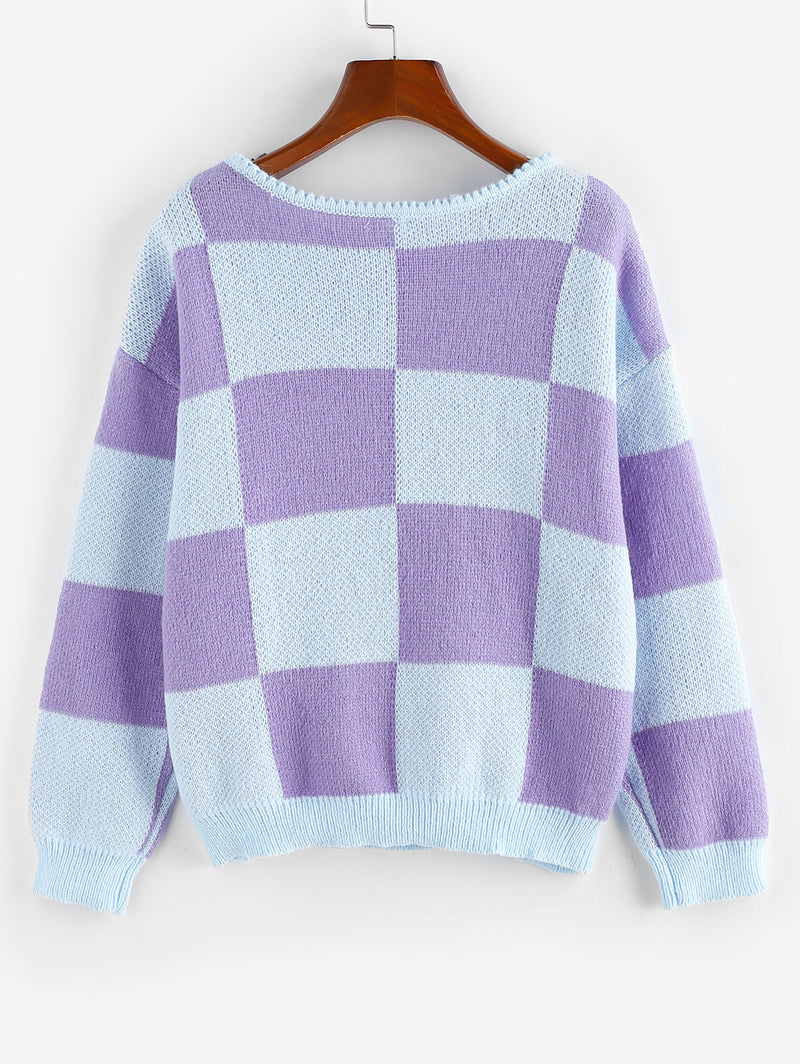 Checkered Drop Shoulder Jumper Sweater Women Round Neck Casual Pullover Spring Autumn Winter Top Female