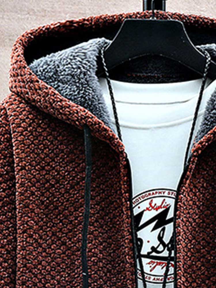 Fleece-lined Sweatercoat for Men Zipper Long Hooded Cardigan Solid Thicken Outerwear Fall Winter Warm Jackets Sweater