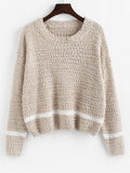 Contrast Trim Textured Boucle Knit Sweater Women Drop Shoulder Round Neck Pullover Spring Autumn Long Sleeve Jumper Casual