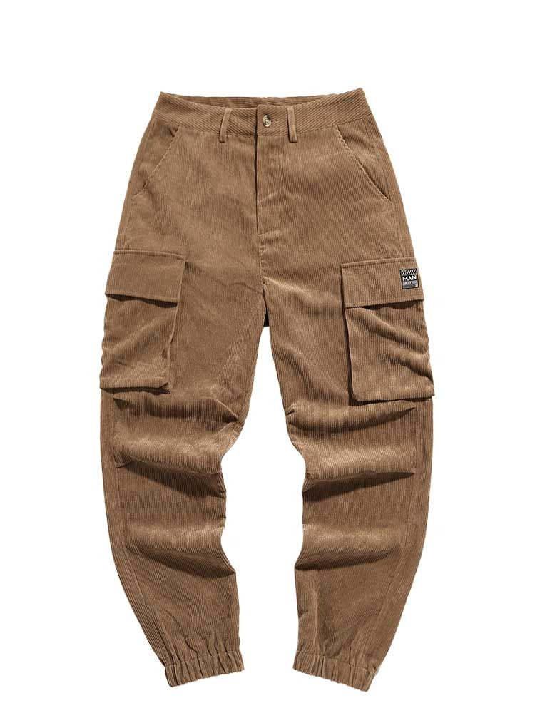 Corduroy Cargo Pants for Men Beam Feet Tooling Trouser Fall Winter Low-waist Techwear Trouser Solid Long Pant with Pockets
