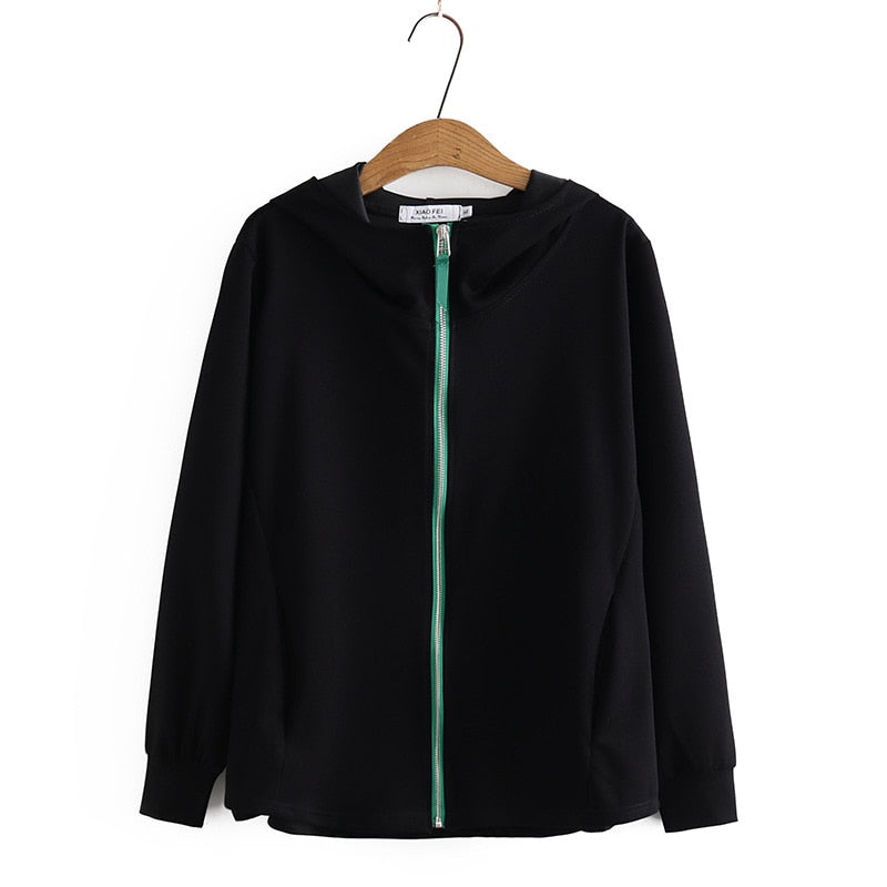 Hoodies Women Clothing Stretch Solid Color Tops Hooded Zipper Asymmetrical Length Sweatshirt Autumn