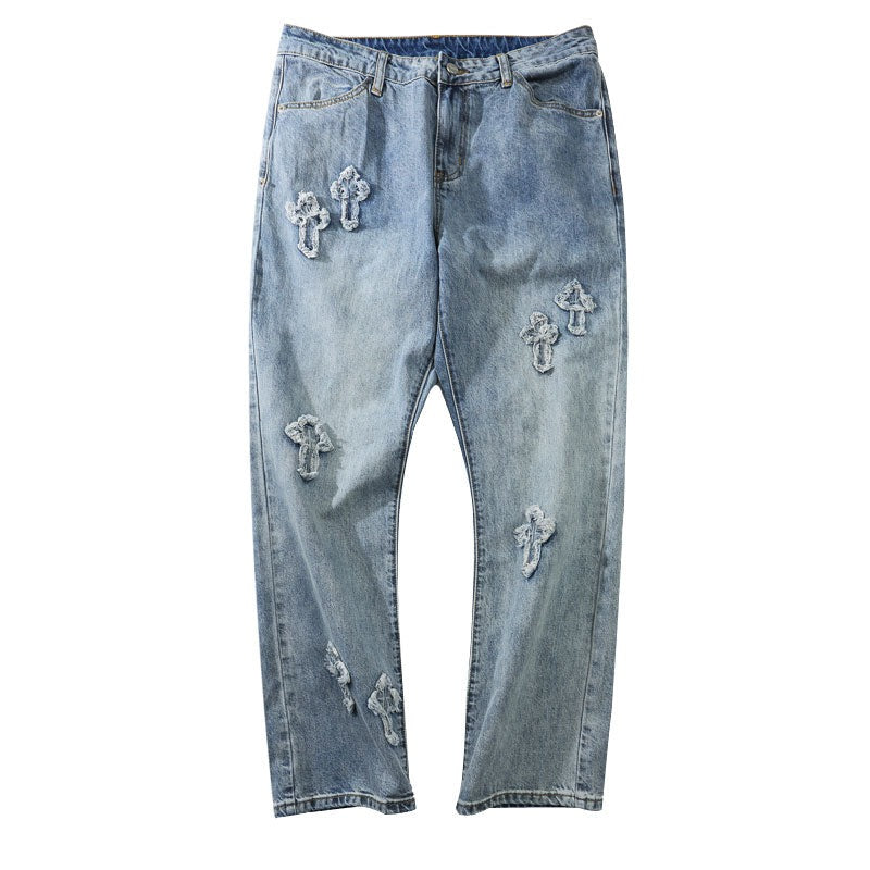 Streetwear Mens Retro Embroidery Patch Straight Baggy Denim Pants Casual Loose Trousers High Street
