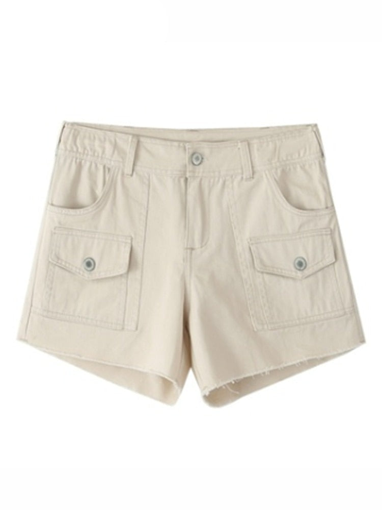 Women Beige High Waist Multi Pocket Tassel Short Denim Pants Summer Ladies Casual Female Knitted Shorts