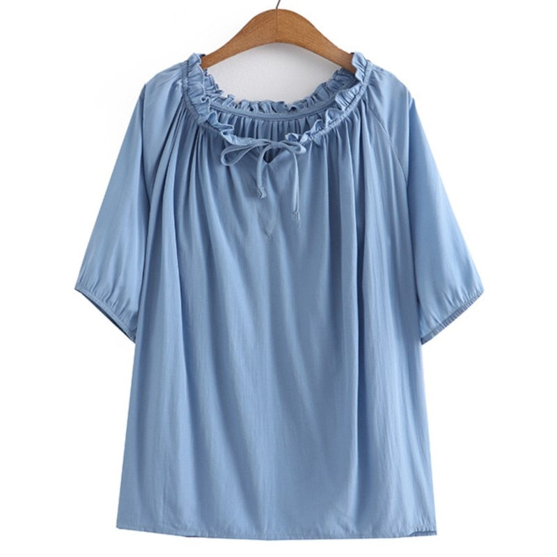 Blouses Women Summer Lace-Up Boat Neck Solid Tees Short Sleeve Tops Oversized Curve Clothes