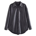 England Lace Splicing Black Leather Shirt Casual Blouse Women
