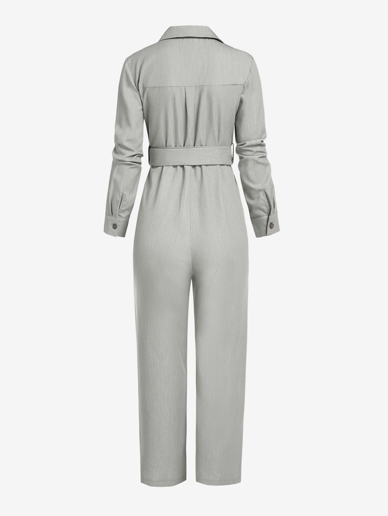 Button Placket Belted Flap Pocket Long Sleeve Jumpsuit Women Long Sleeve Shirt Overalls Fall Outfits