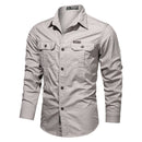 Casual Cotton Men Shirts Solid Stand Collar Pocket Button Up Shirts for Men Long Sleeve Shirts Men