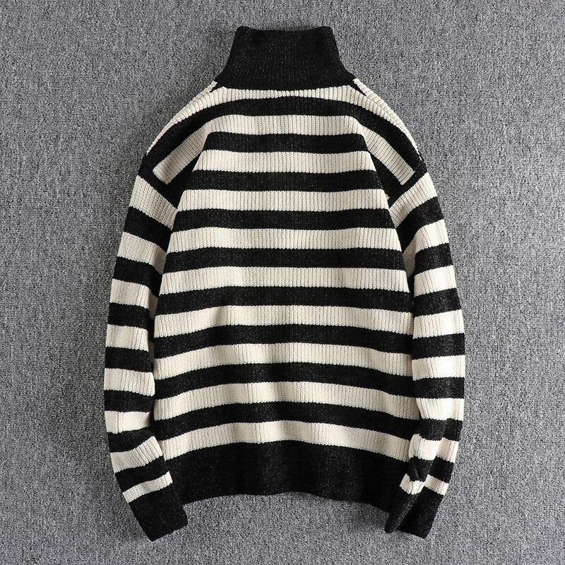 Soft Waxy Warm and Lazy Knitwear Sweater Men Contrast Stripe Design Loose Half High Collar Pullover