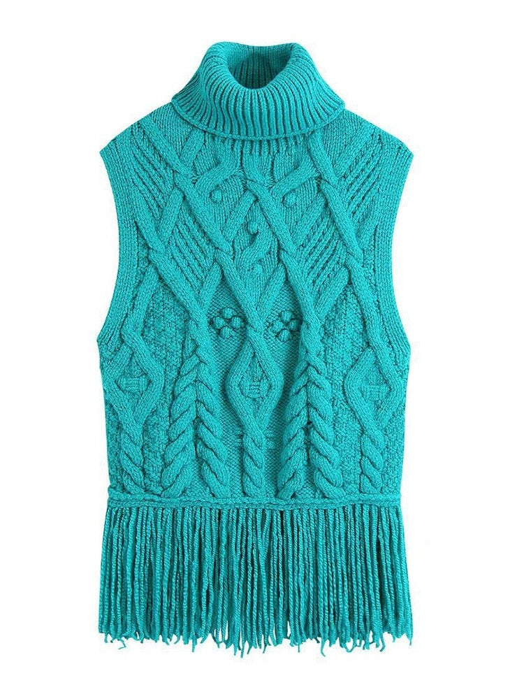 Women Sleeveless Tassel Design Casual Sweater Striped Plaid Solid Knitting Pullover