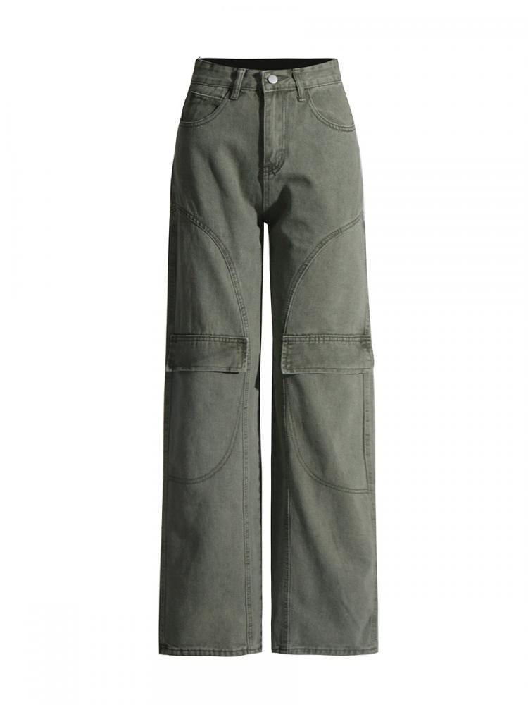 Women Denim Pants Solid Pocket Straight Jeans High Waist Loose Casual Long Denim Trousers Spring Autumn